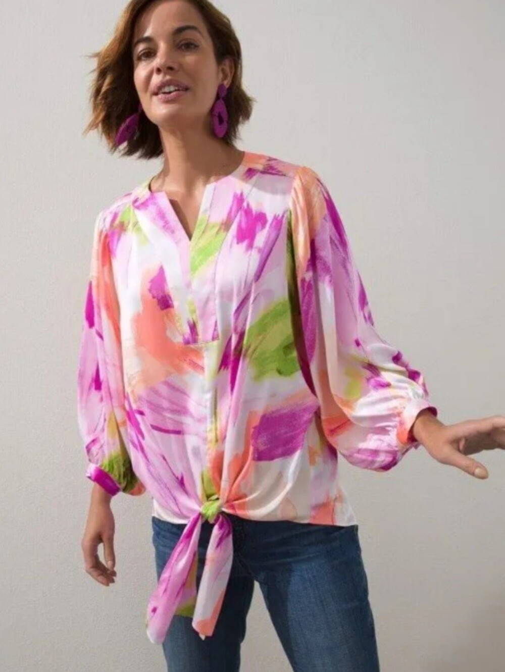 Chico's Brushstroke Tie-Front Blouse - Pink, Green, Orange